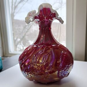 FENTON Ruby Red Iridescent Carnival Glass Vase - Swan Pattern